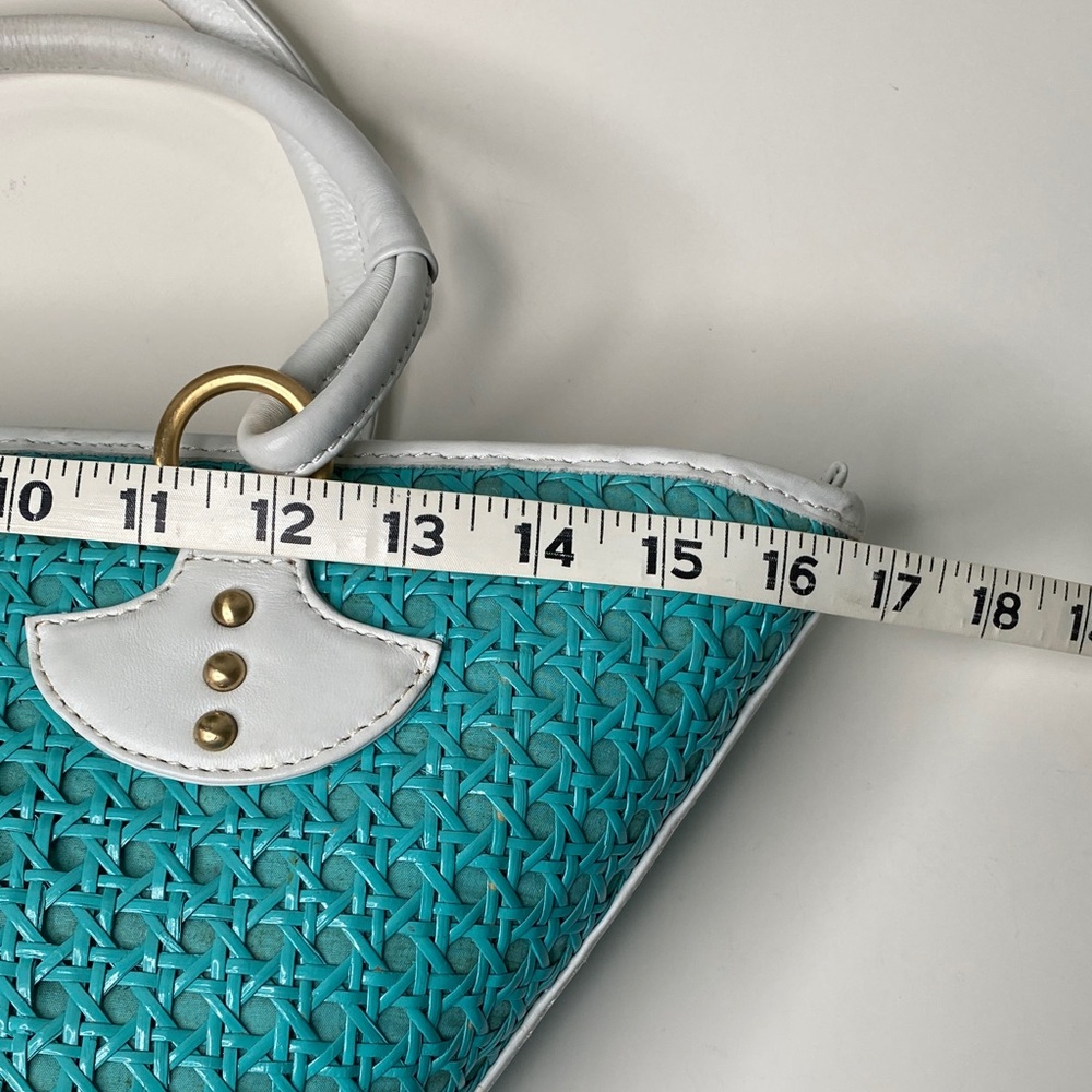 Inge Trapezoid Shoulder Bag Satchel in Turquoise Cane, White Trim, Linen Lining - Picture 13 of 15